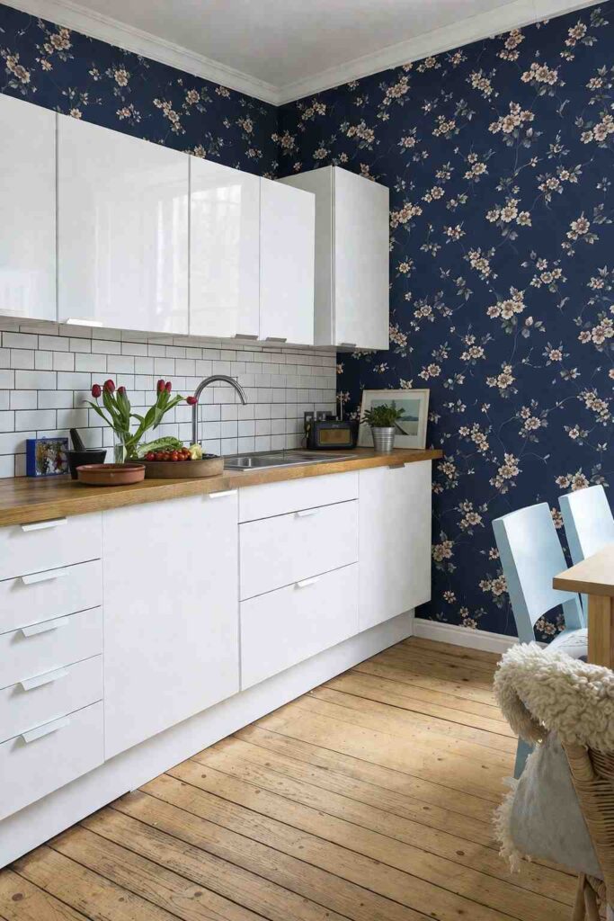 Classic Blue Floral Kitchen Wallpaper Idea