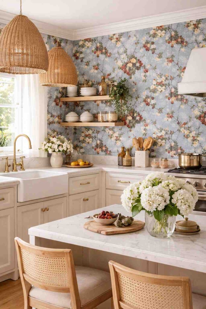 Cozy Blue Floral Kitchen Wallpaper Idea