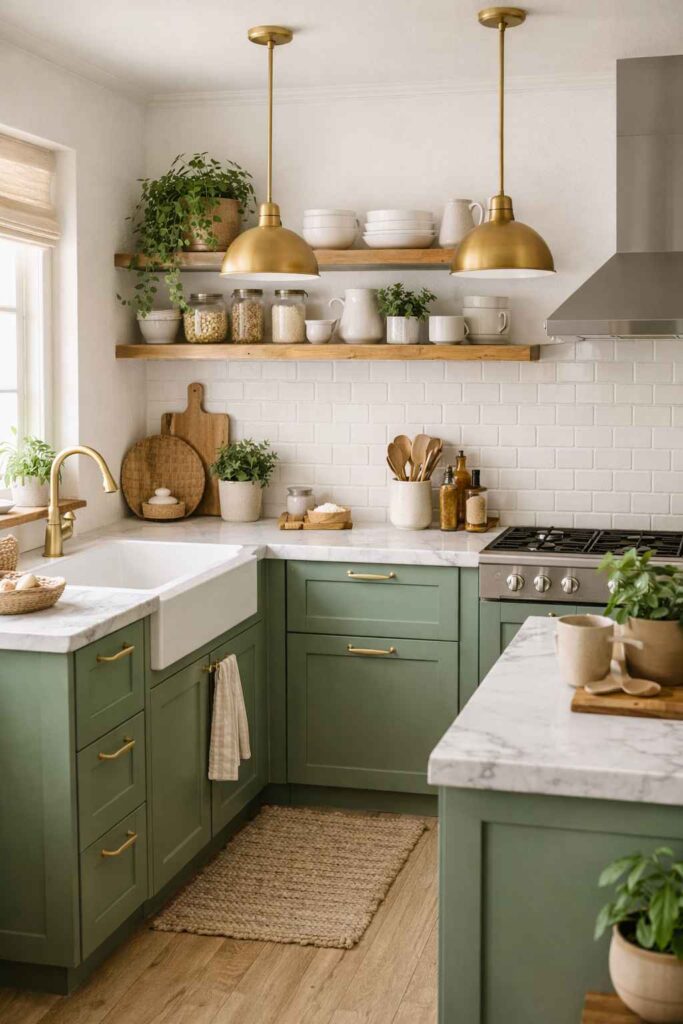 Cozy Sage Green Cabinets & Bright Marble Counters (1)