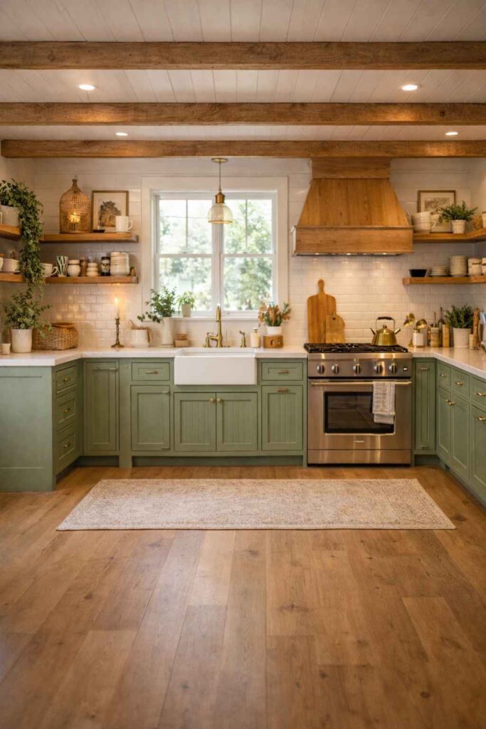 Cozy Sage Green Farmhouse Kitchen with Rustic Wooden Beams (1)