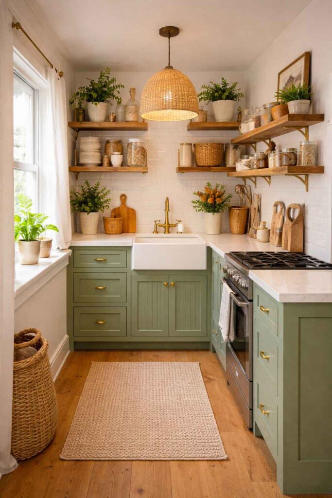Cozy Small Apartment Kitchen with Sage Green Cabinets (1)