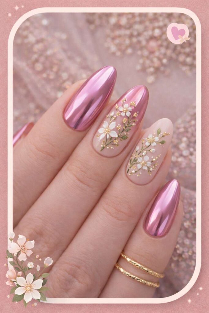 Elegant Pink Chrome Floral Nails