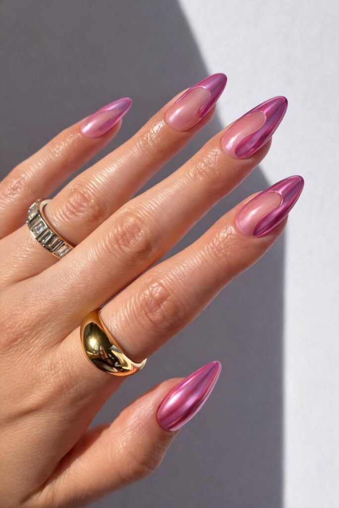 Pink Chrome Pattern Nails