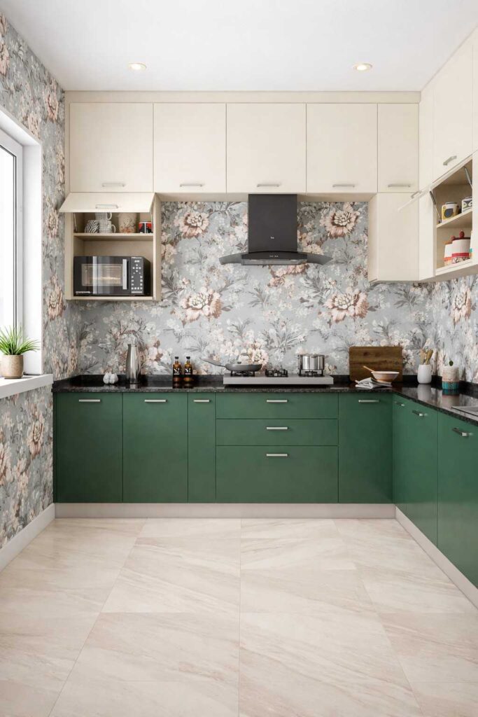 Elegant Soft Floral Kitchen Wallpaper Idea