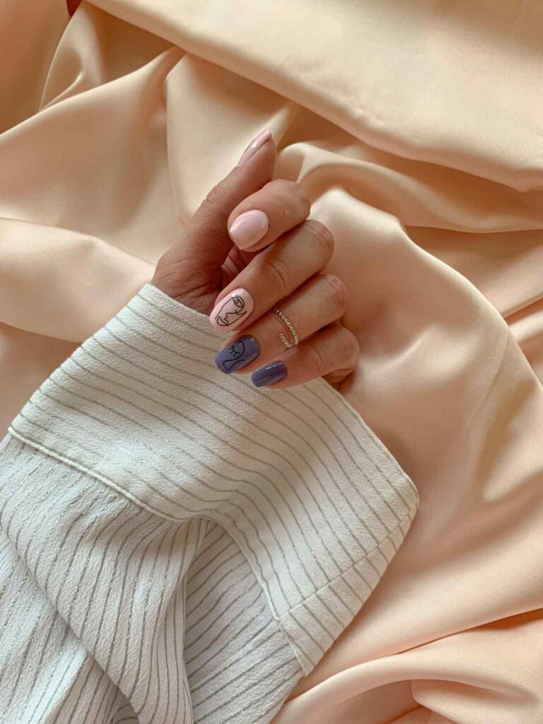 minimal line art short nails with nude and purple nail design