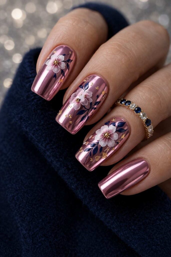 Luxury Pink Chrome Floral Nails