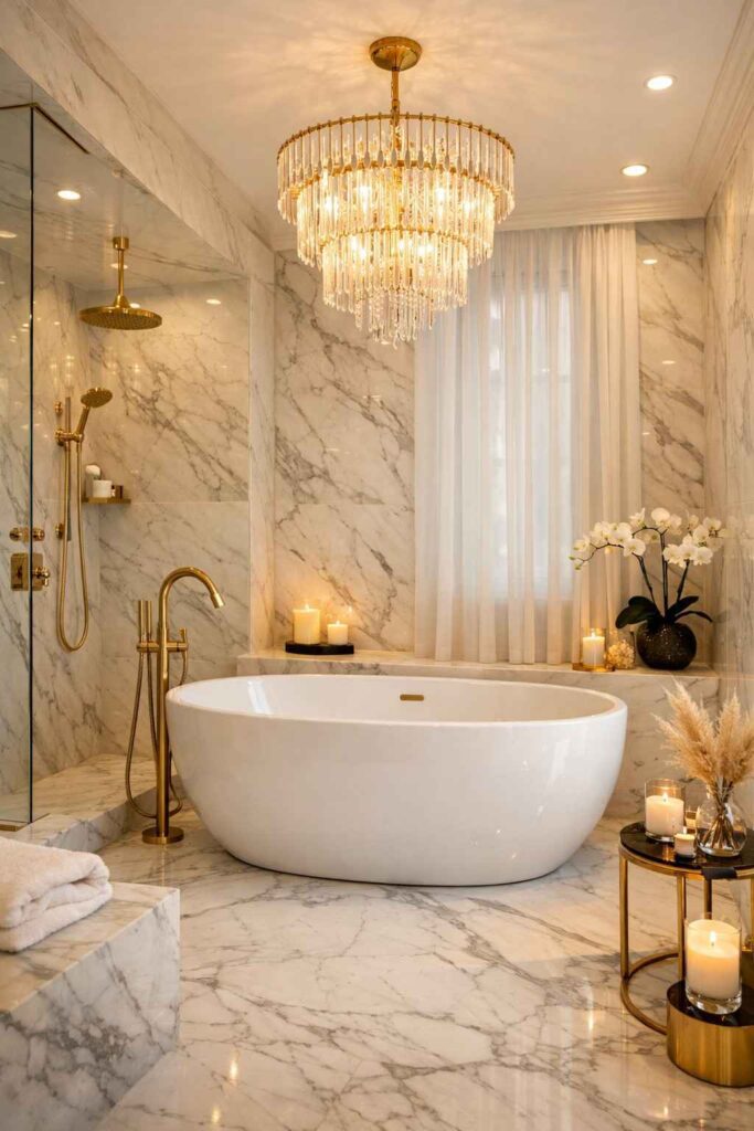 Elegant luxury marble bathroom with white marble walls and floors, a freestanding oval bathtub, gold fixtures, glass shower, warm ambient lighting, candles, and modern spa-style decor in a bright Pinterest aesthetic interior.