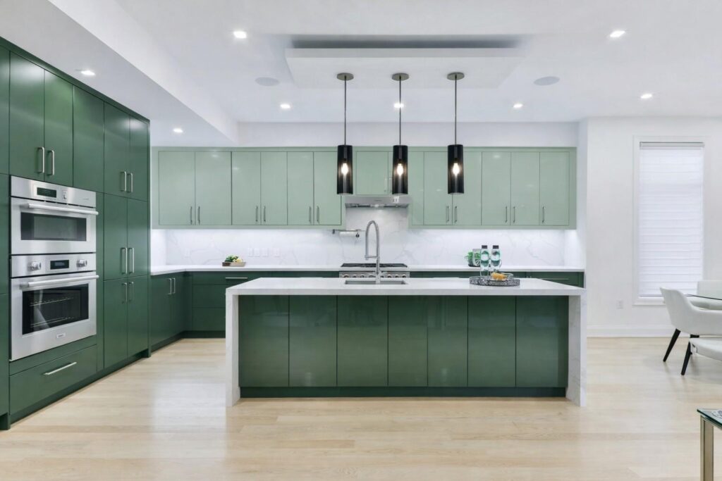 Modern Sage Green Kitchen with Spacious Island