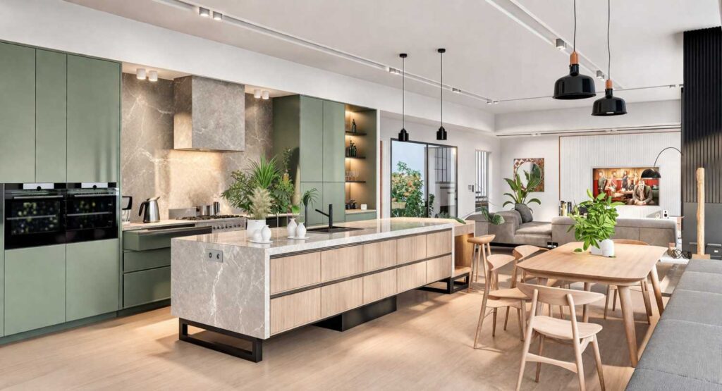 21. Modern Sage Green Open Kitchen Design