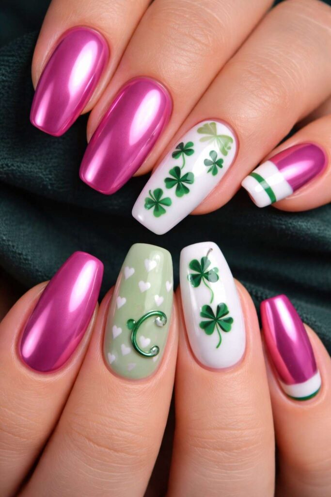Pink Chrome Clover Nails