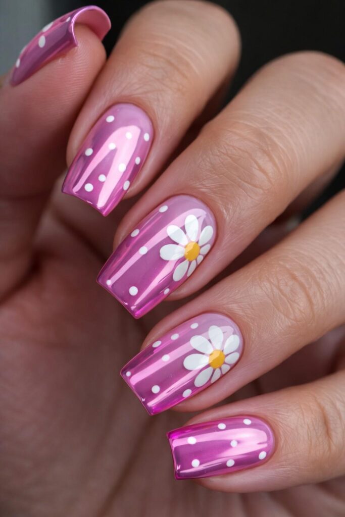 Pink Chrome Daisy Nails