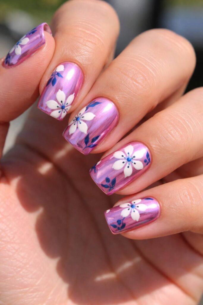 Pink Chrome Floral Nails