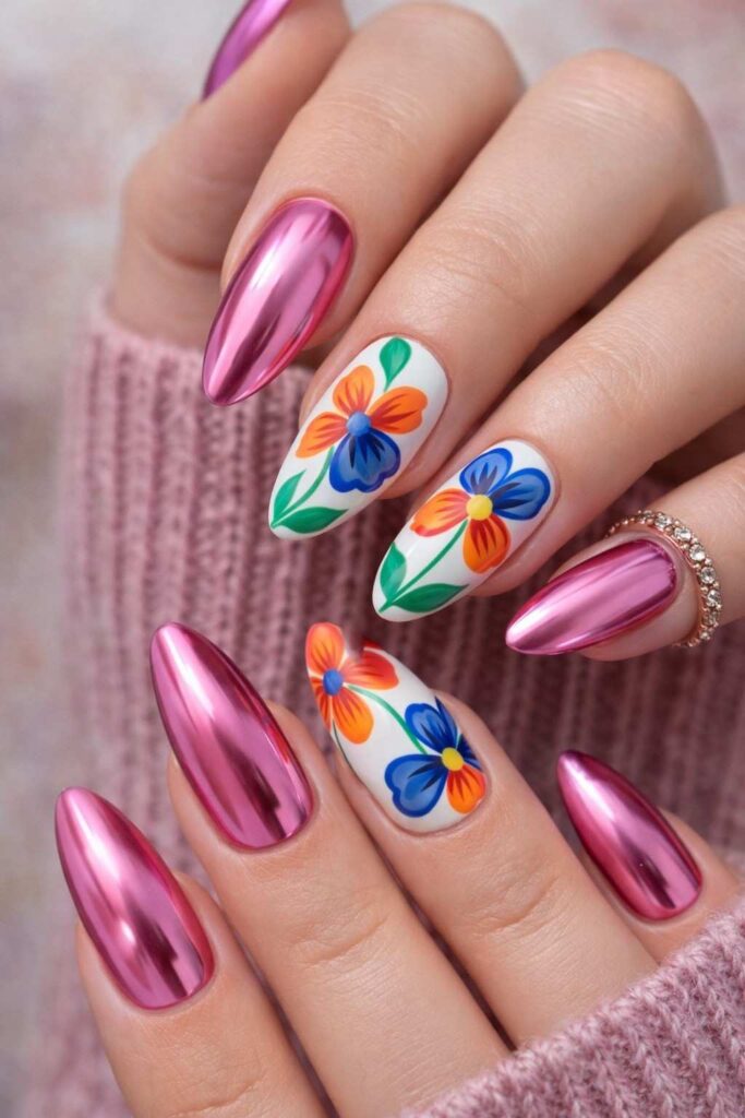 Pink Chrome Tulip Nails