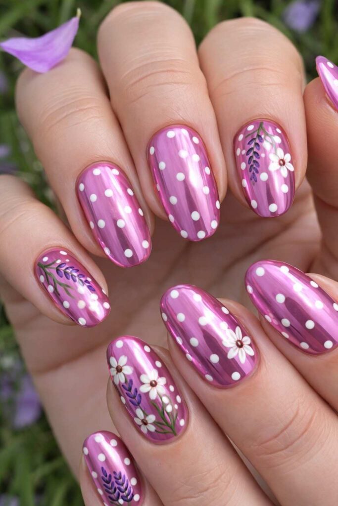 Pink Chrome Floral Polka Dot Nails