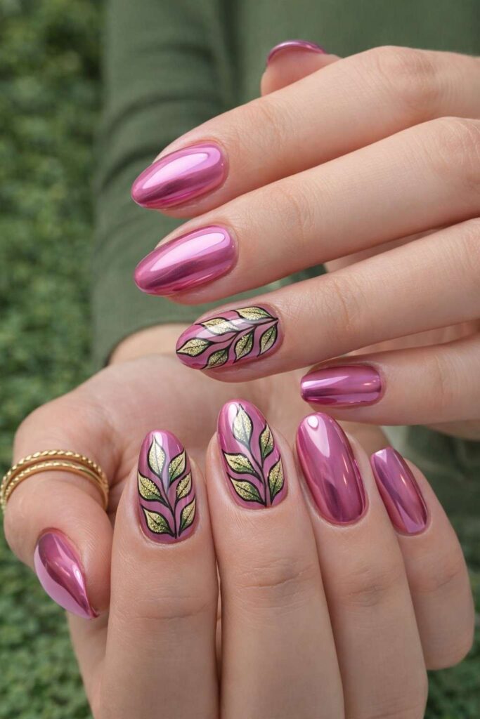 Pink Chrome Leaf Nails