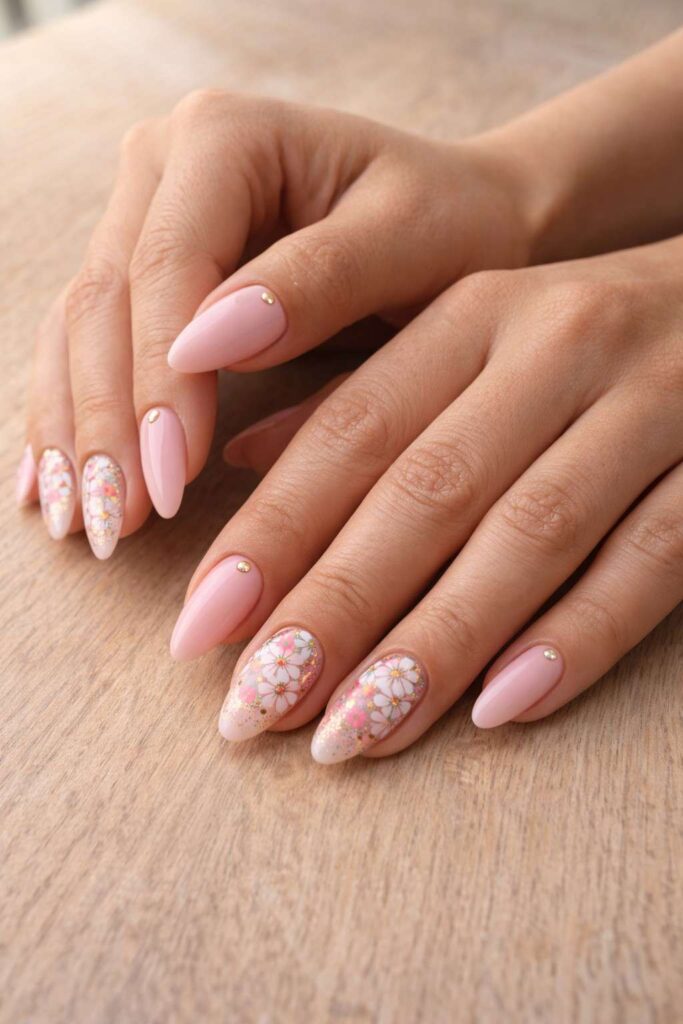 Pink and Flower Nails Idea
