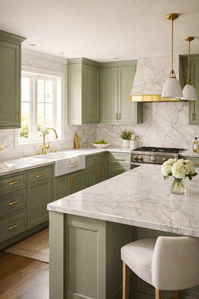 sage green kitchen cabinets with white marble countertops and elegant modern kitchen design