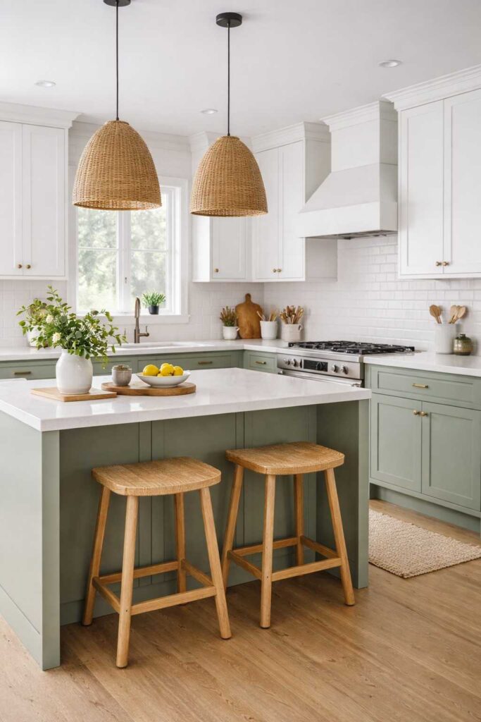 Sage Green and White Kitchen Cabinets