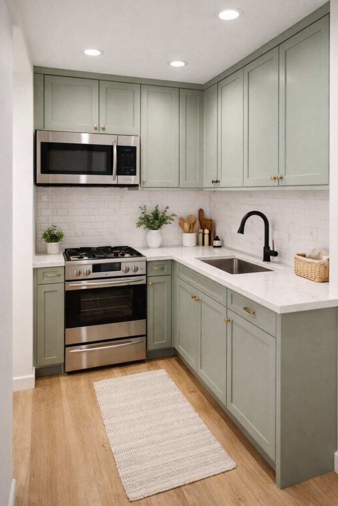 Sage Green Cabinets With Wooden Countertops