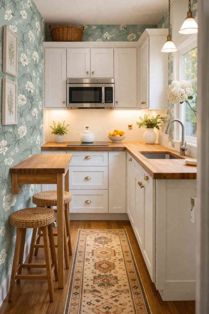 Soft Green Floral Kitchen Wallpaper Idea
