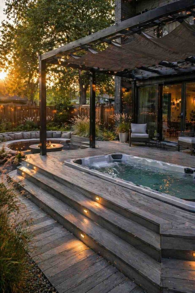 Cozy Backyard Swim Spa with Fire Pit