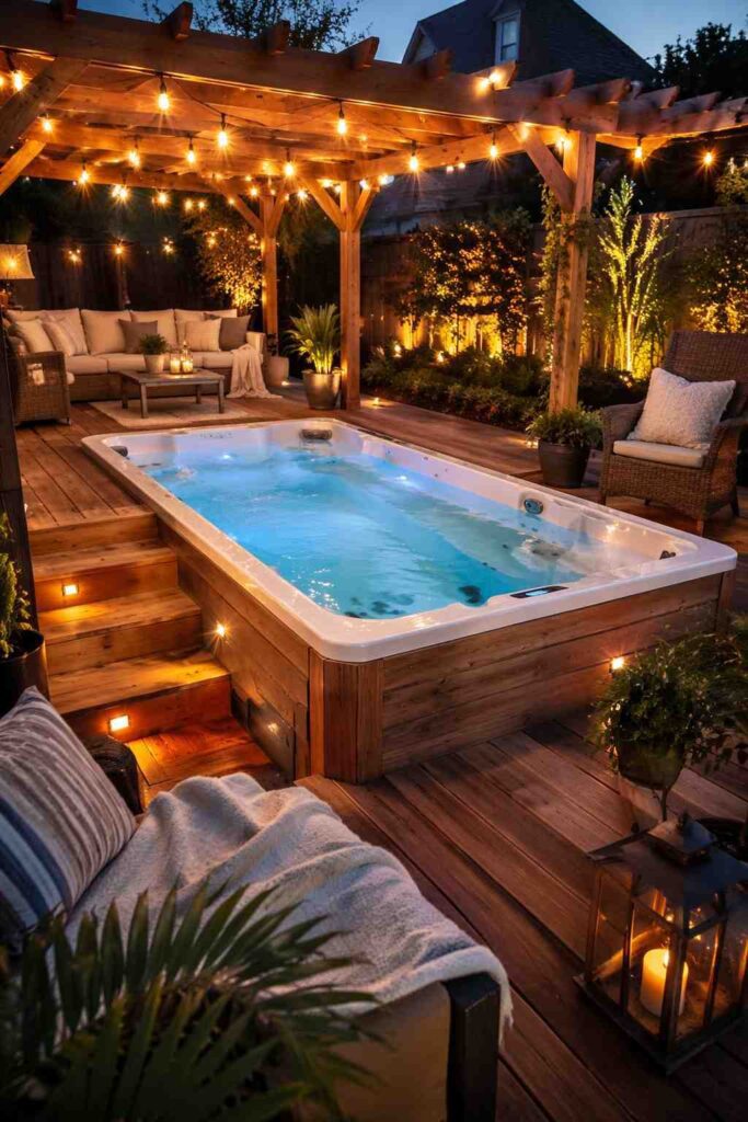 Cozy Pergola Swim Spa with Warm Evening Lights