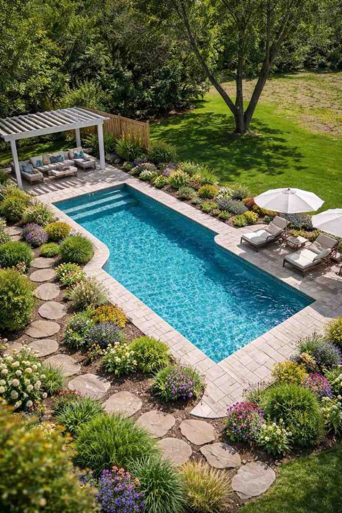 Curved Pool Garden Retreat with Pergola Comfort
