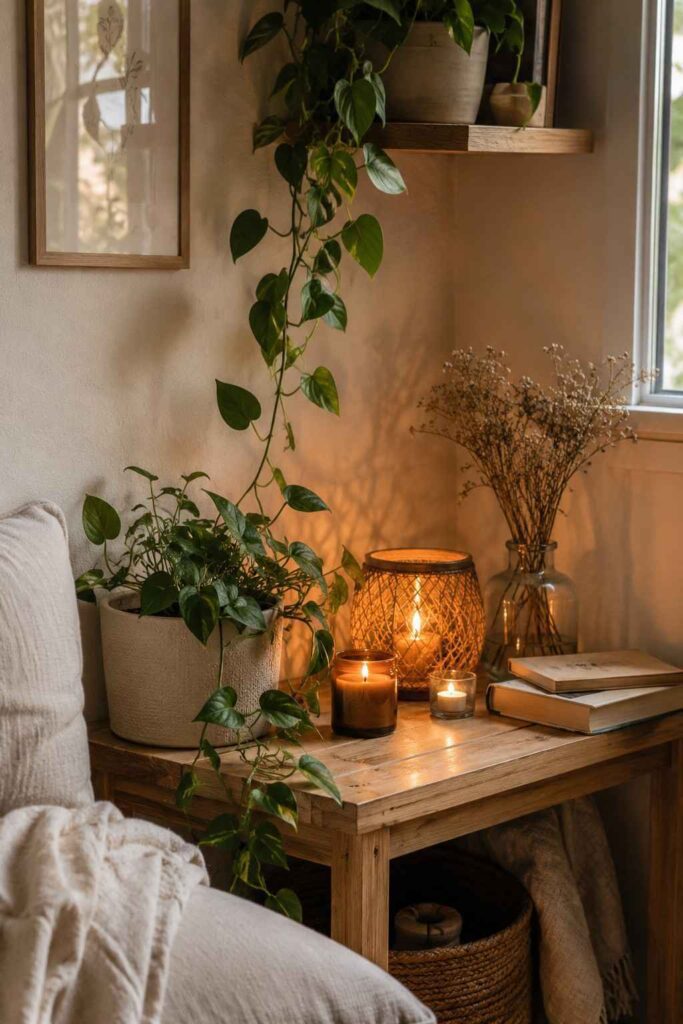 10 Cozy Nature-Inspired Corner Ideas for a Peaceful Home 3 Cozy Candle & Plant Corner
