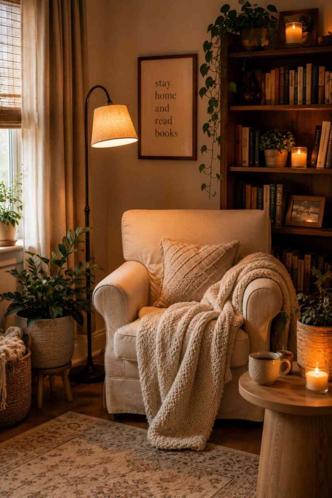 10 Cozy Nature-Inspired Corner Ideas for a Peaceful Home 4 Dreamy Reading Nook with Warm Lighting