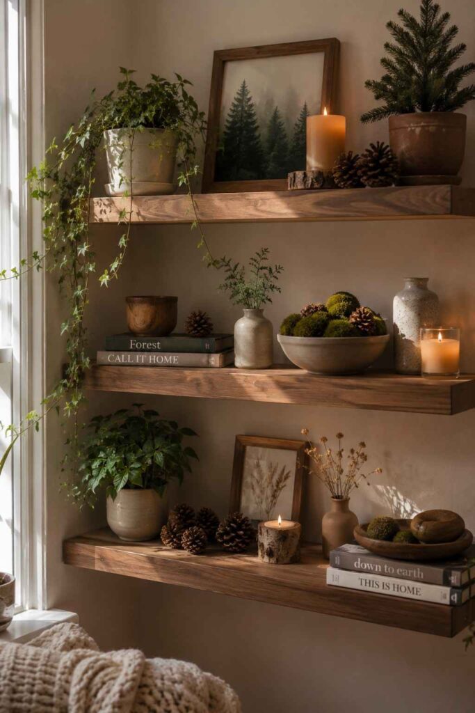 10 Cozy Nature-Inspired Corner Ideas for a Peaceful Home 6 Forest-Inspired Shelf Styling
