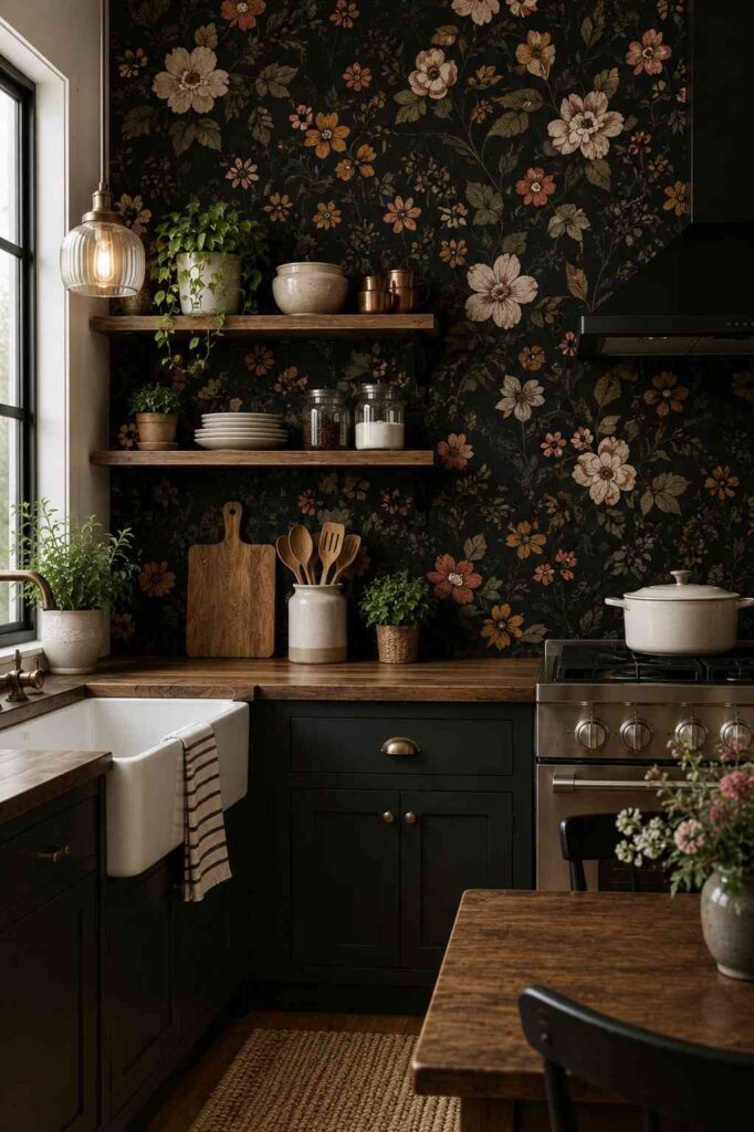 15 Peel and Stick Kitchen Wallpaper Ideas for Renters 7 Black Secret Garden Peel and Stick Wallpaper