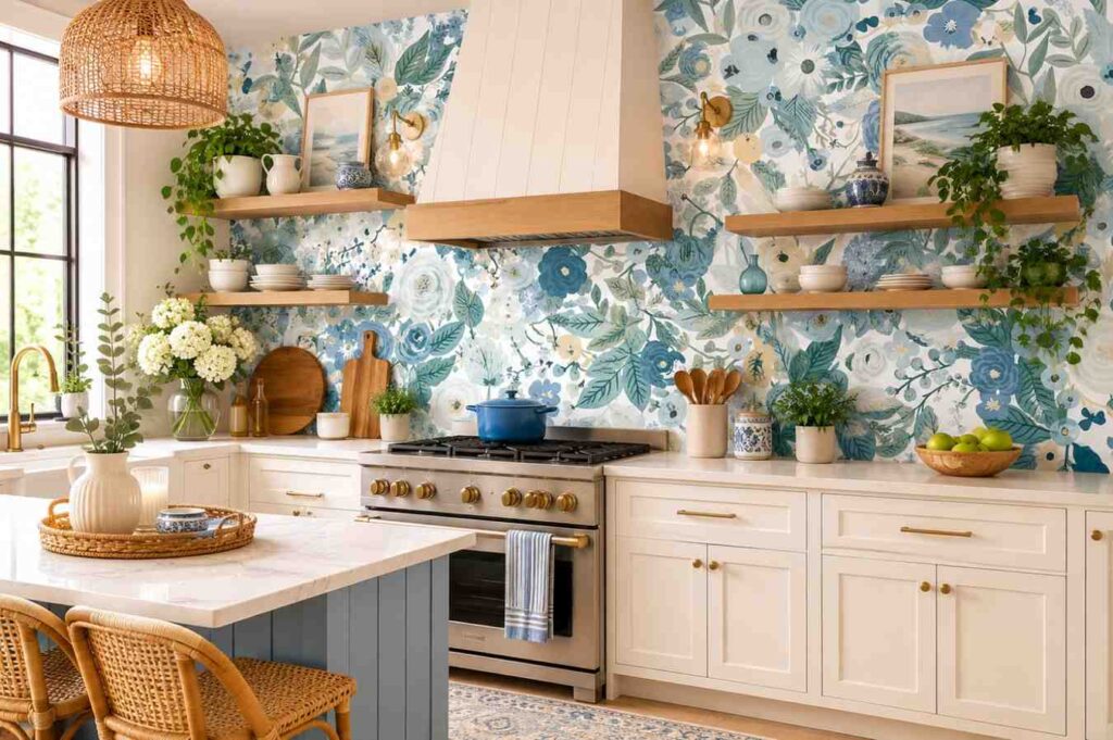 15 Peel and Stick Kitchen Wallpaper Ideas for Renters 11 Blue Meadow Floral Peel and Stick Wallpaper