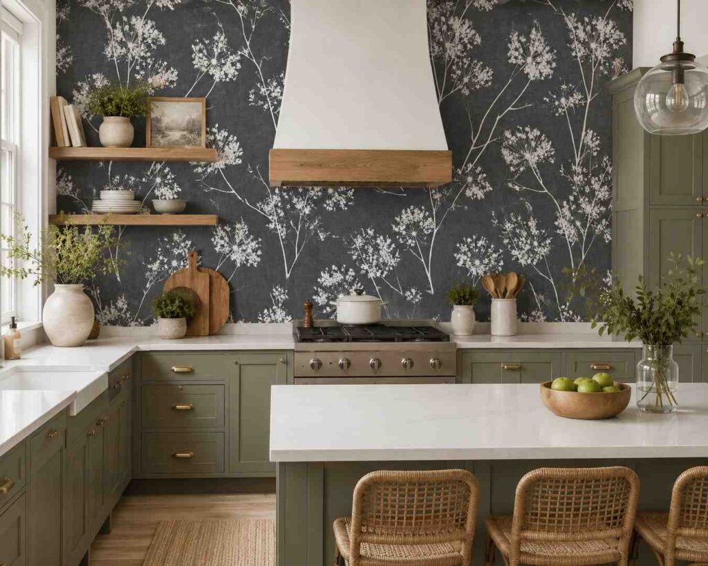 15 Peel and Stick Kitchen Wallpaper Ideas for Renters 15 Midnight Botanical Floral Peel and Stick Wallpaper