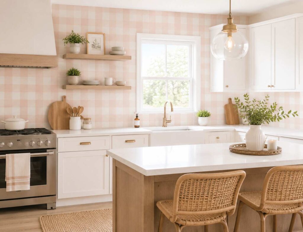 15 Peel and Stick Kitchen Wallpaper Ideas for Renters 12 Soft Blush Gingham Peel and Stick Wallpaper