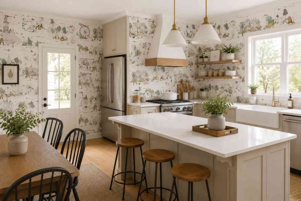 15 Peel and Stick Kitchen Wallpaper Ideas for Renters 16 Vintage Travel Sketch Peel and Stick Wallpaper
