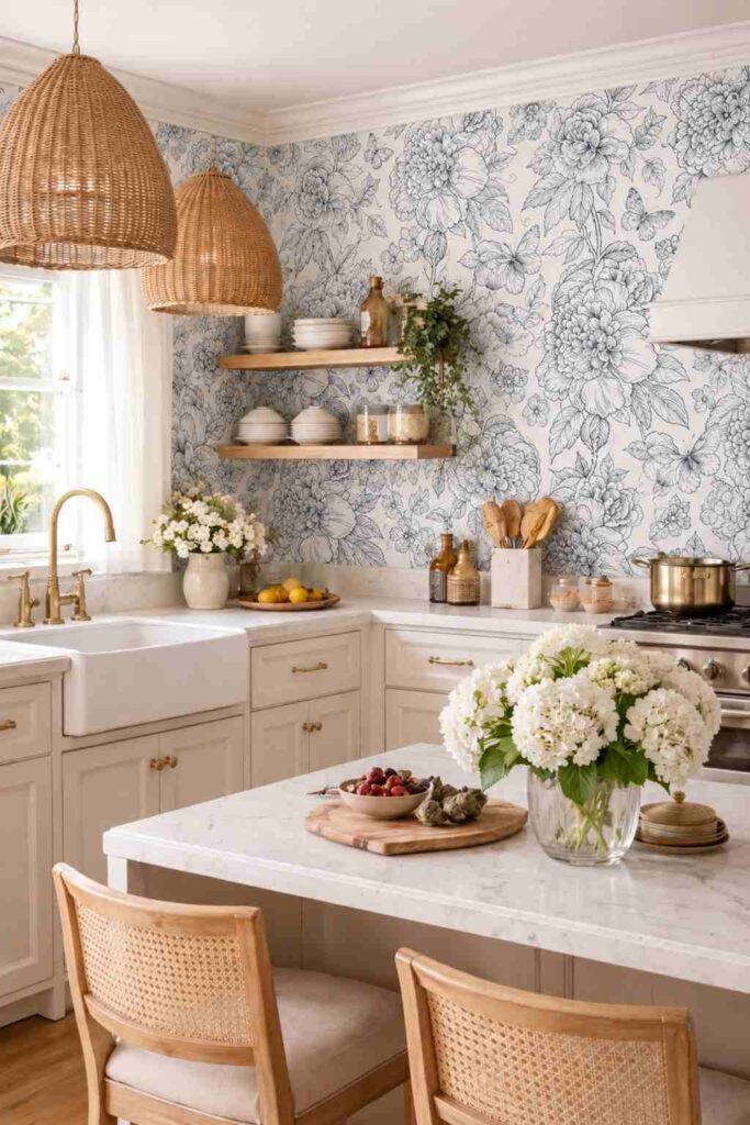 Blue Floral Kitchen Wallpaper
