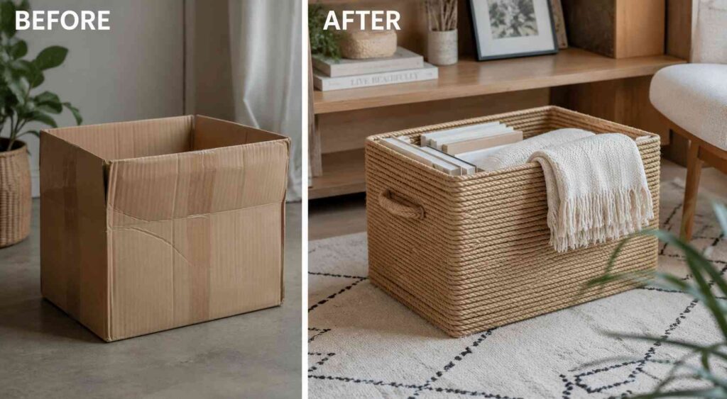 25 Waste Material DIY Projects That Look Surprisingly Expensive 7 Cardboard Box → Modern Woven Storage Basket