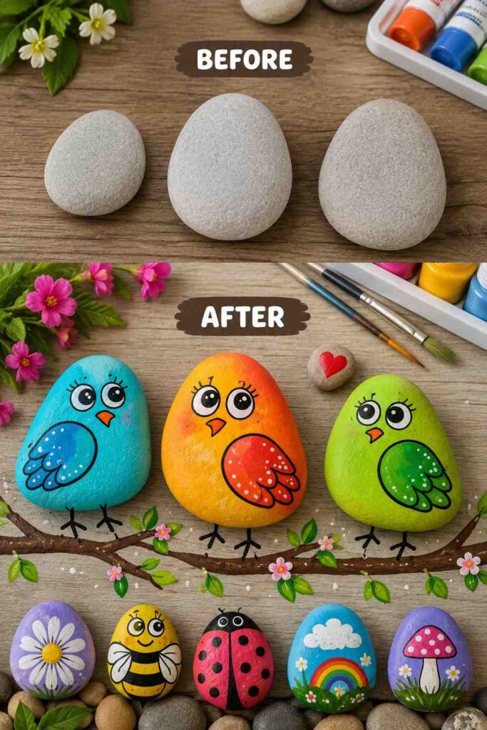 35 Beautiful Painted Rock Ideas to Brighten Your Home and Garden 5 Cheerful Bird Painted Rock Trio