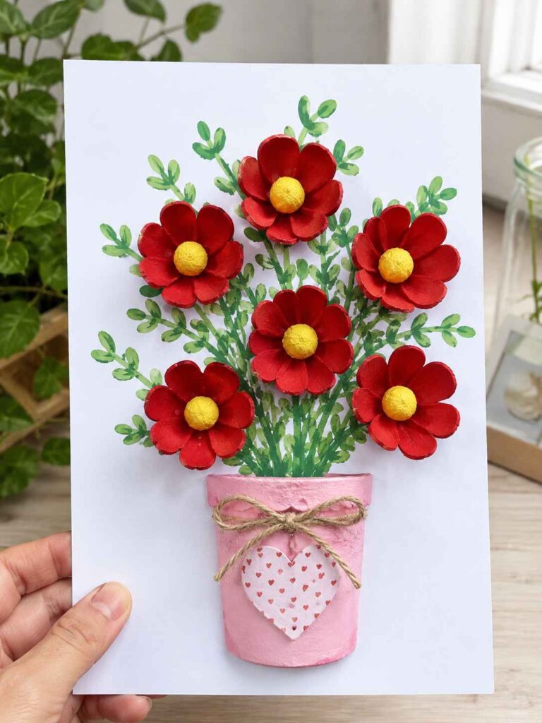 Cheerful Red Daisy Egg Carton Flower Card Cheerful Red Daisy Egg Carton Flower Card