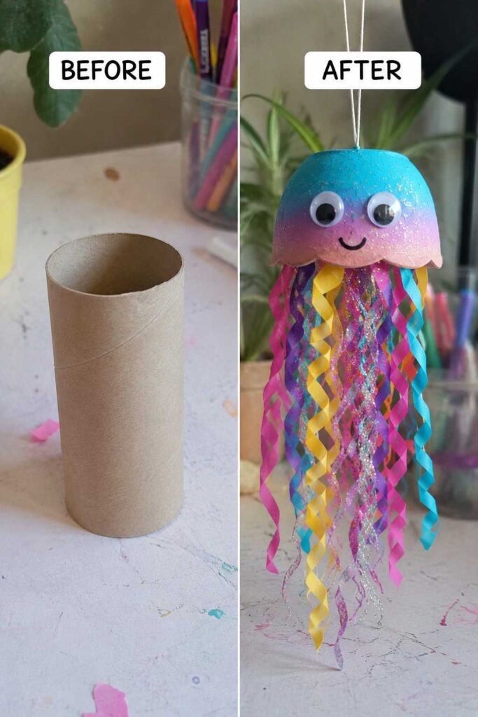 Colorful-Jellyfish-Toilet-Paper-Roll-Craft Colorful Jellyfish Toilet Paper Roll Craft