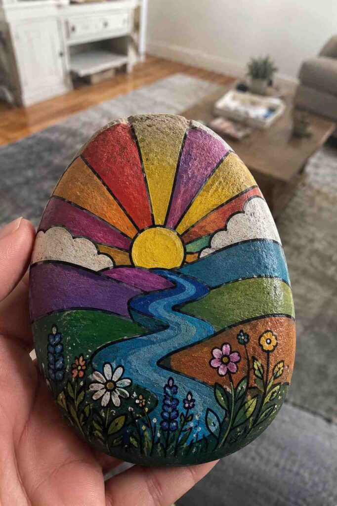 35 Beautiful Painted Rock Ideas to Brighten Your Home and Garden 14 Colorful Sunrise Landscape Painted Rock