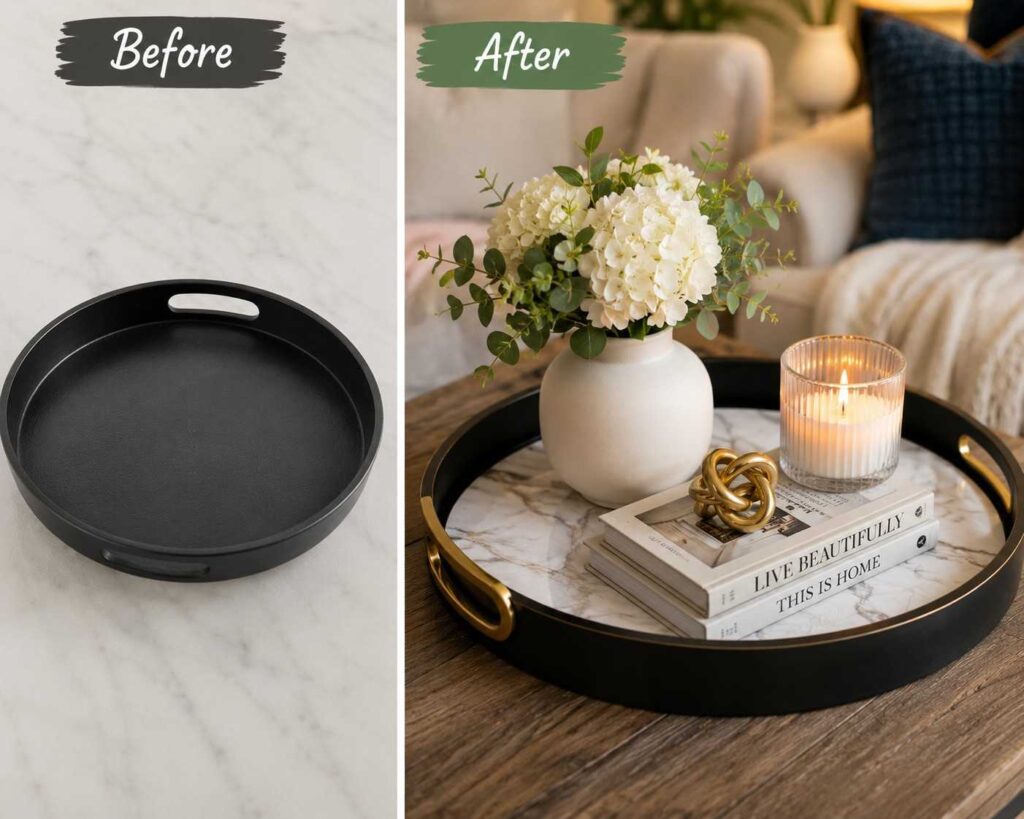 Dollar-Tree-Tray-→-Luxury-Coffee-Table-Centerpiece Dollar Tree Tray → Luxury Coffee Table Centerpiece