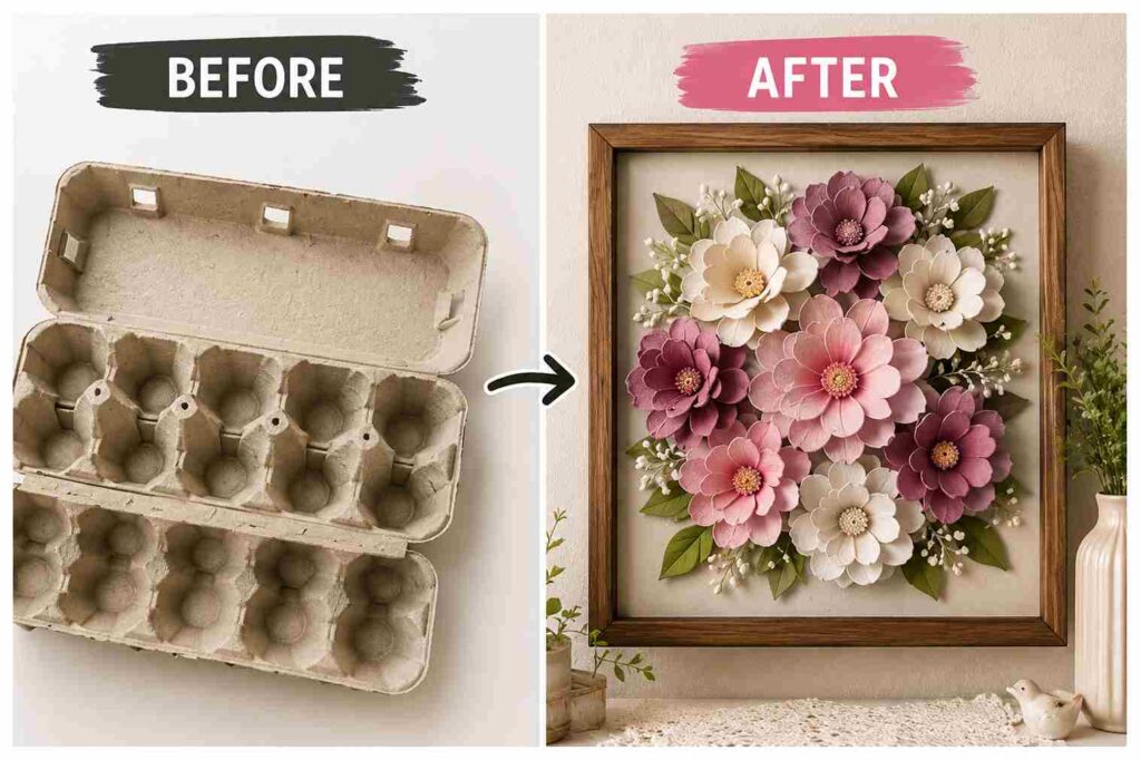 25 Waste Material DIY Projects That Look Surprisingly Expensive 4 Egg Carton → Elegant Flower Wall Decor
