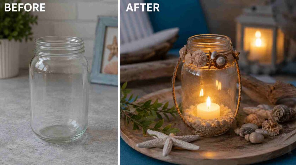 25 Waste Material DIY Projects That Look Surprisingly Expensive 6 Glass Jar → Cozy Coastal Lantern
