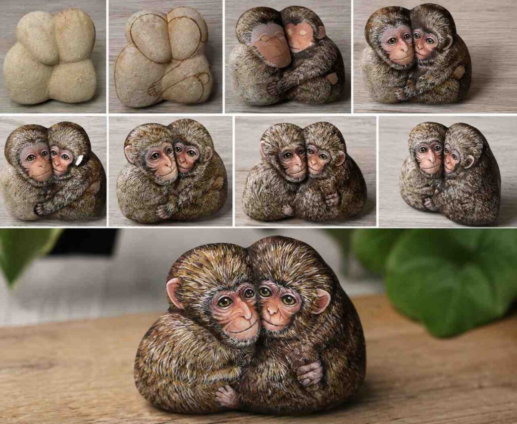 Hugging-Baby-Monkeys-Painted-Rock Hugging Baby Monkeys Painted Rock