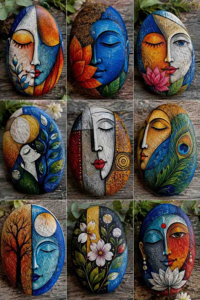 35 Beautiful Painted Rock Ideas to Brighten Your Home and Garden 13 Modern Folk Art Face Painted Rock