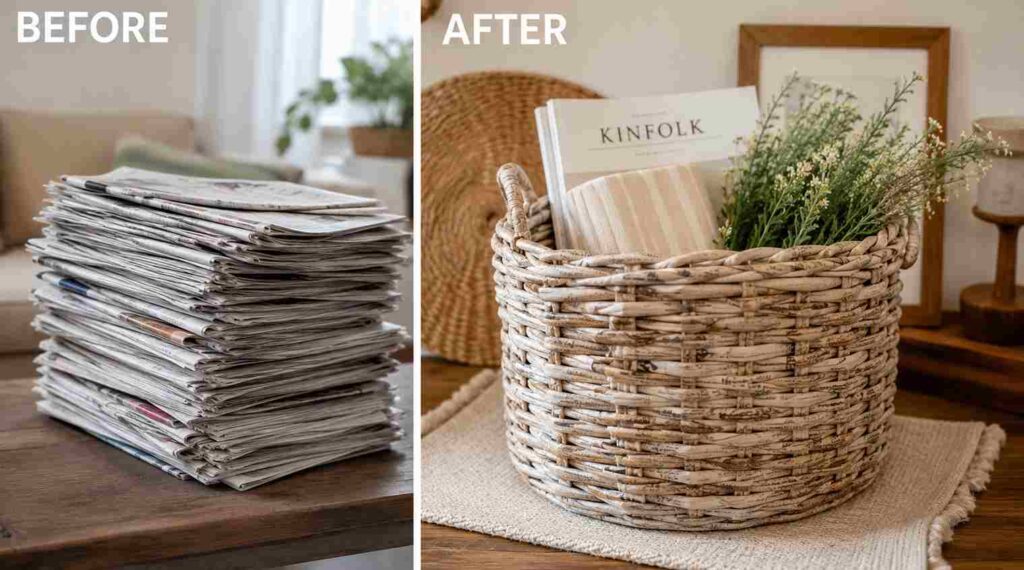 25 Waste Material DIY Projects That Look Surprisingly Expensive 8 Newspaper → Handwoven Decorative Basket