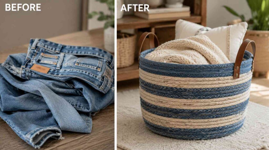 25 Waste Material DIY Projects That Look Surprisingly Expensive 10 Old Jeans → Stylish Rope Storage Basket