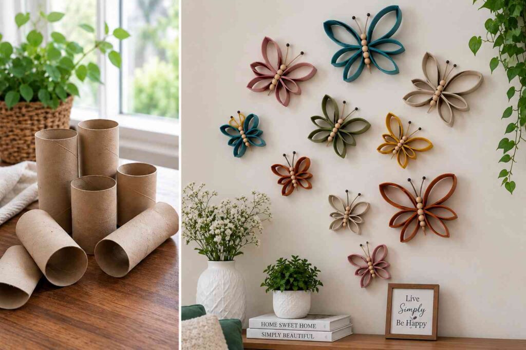 25 Waste Material DIY Projects That Look Surprisingly Expensive 11 Toilet Paper Roll → Elegant Butterfly Wall Art