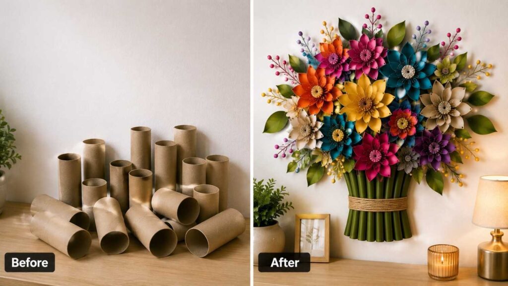 Toilet-Paper-Roll-→-Elegant-Wall-Flower-Bouquet (1) Toilet Paper Roll → Elegant Wall Flower Bouquet
